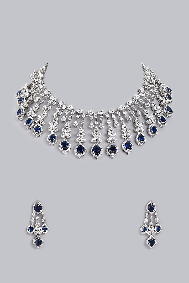 White Finish Blue Zircons Necklace Set by Rohita and Deepa
