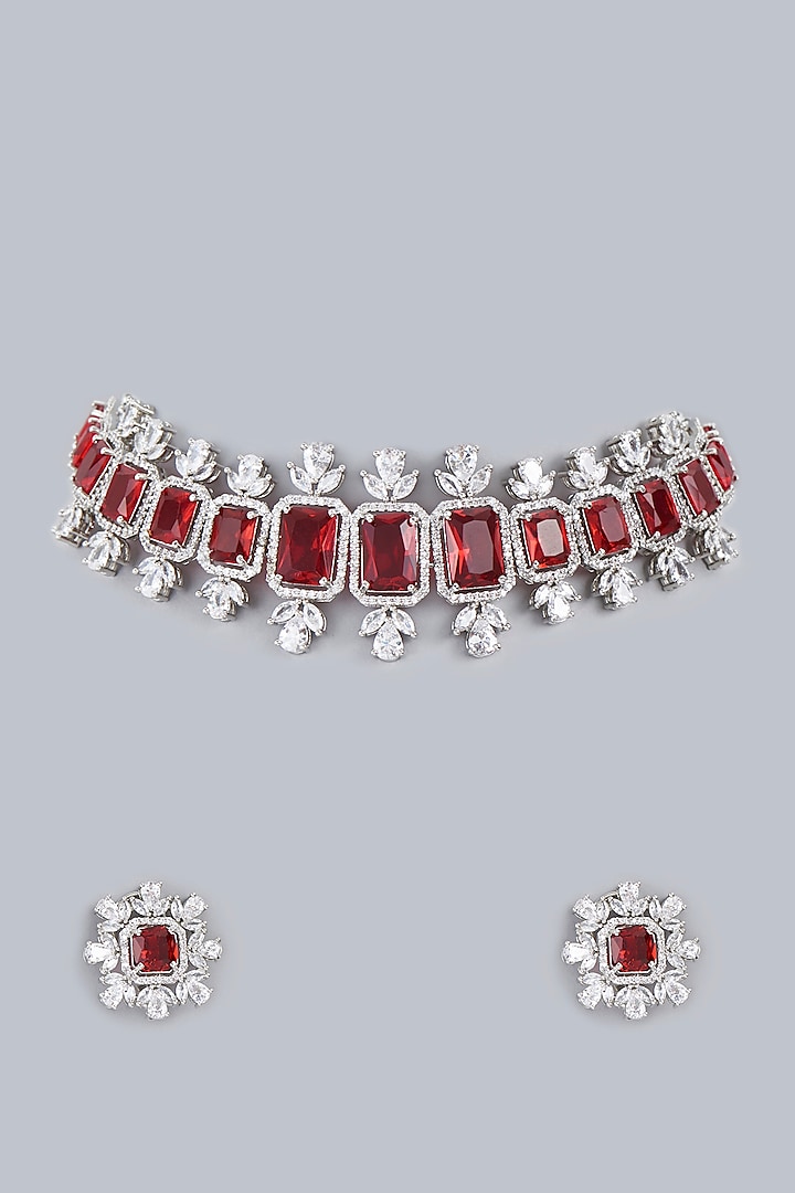 White Finish Red Zircons Necklace Set by Rohita and Deepa