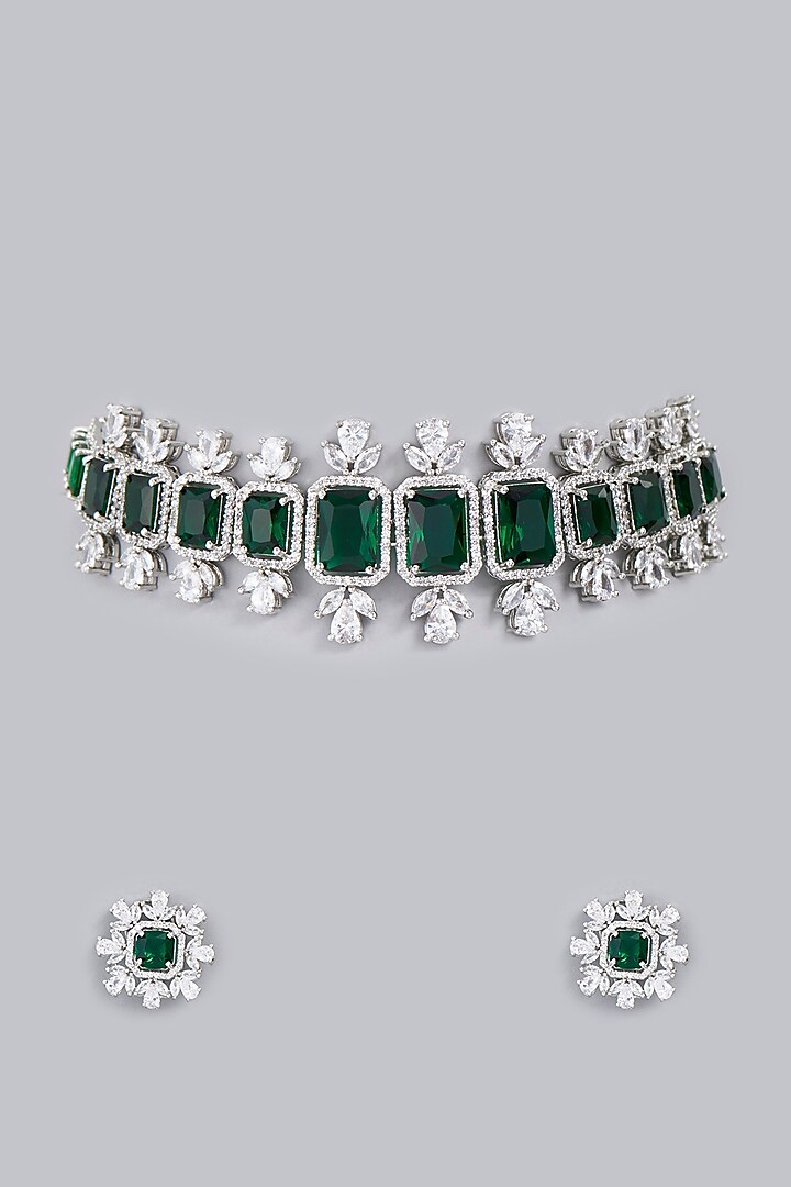 White Finish Green Zircons Necklace Set by Rohita and Deepa