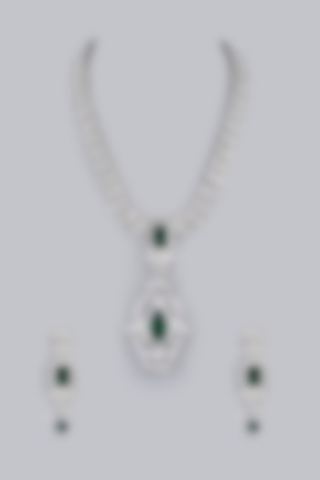 White Finish Green Zircons Long Necklace Set by Rohita and Deepa