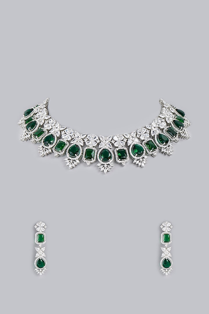 White Finish Necklace Set With Green Zircons by Rohita and Deepa