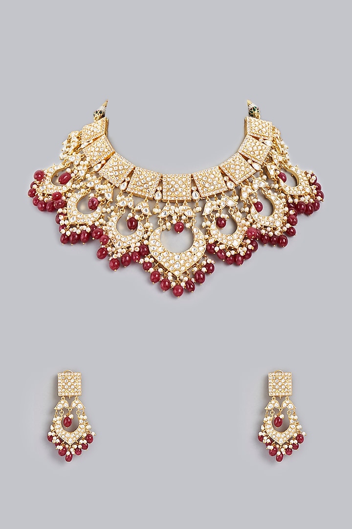 Gold Finish Kundan Polki Necklace Set by Rohita and Deepa