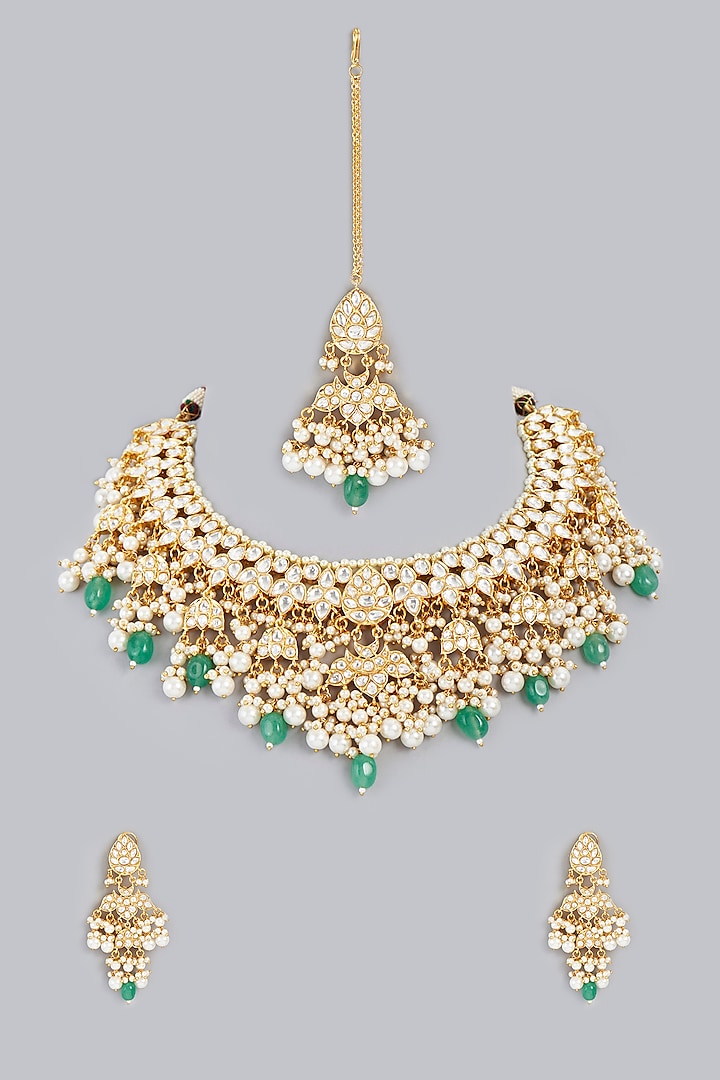 Gold Finish Green Kundan Polki Necklace Set by Rohita and Deepa