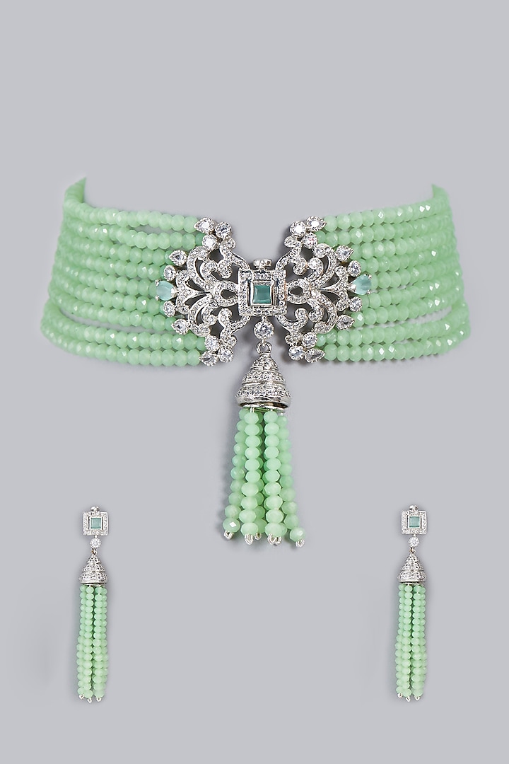 White Finish Green Beaded Necklace Set by Rohita and Deepa