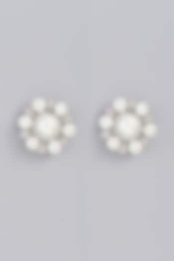 White Finish Shell Pearl Stud Earrings by Rohita and Deepa