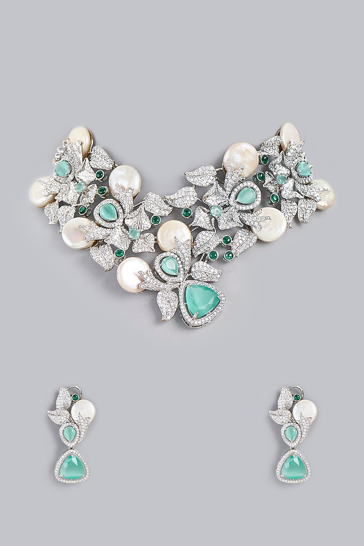 White Finish Baroque Pearls & Zircons Necklace Set by Rohita and Deepa
