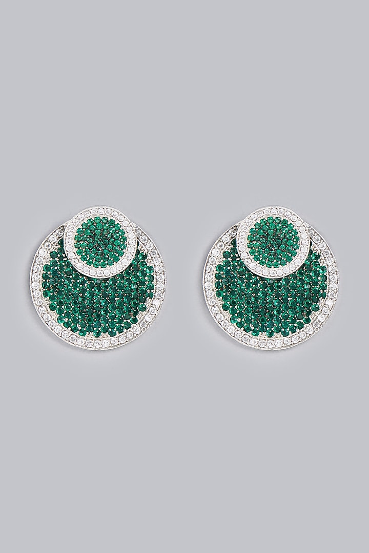 White Finish Green & White Zircons Stud Earrings by Rohita and Deepa