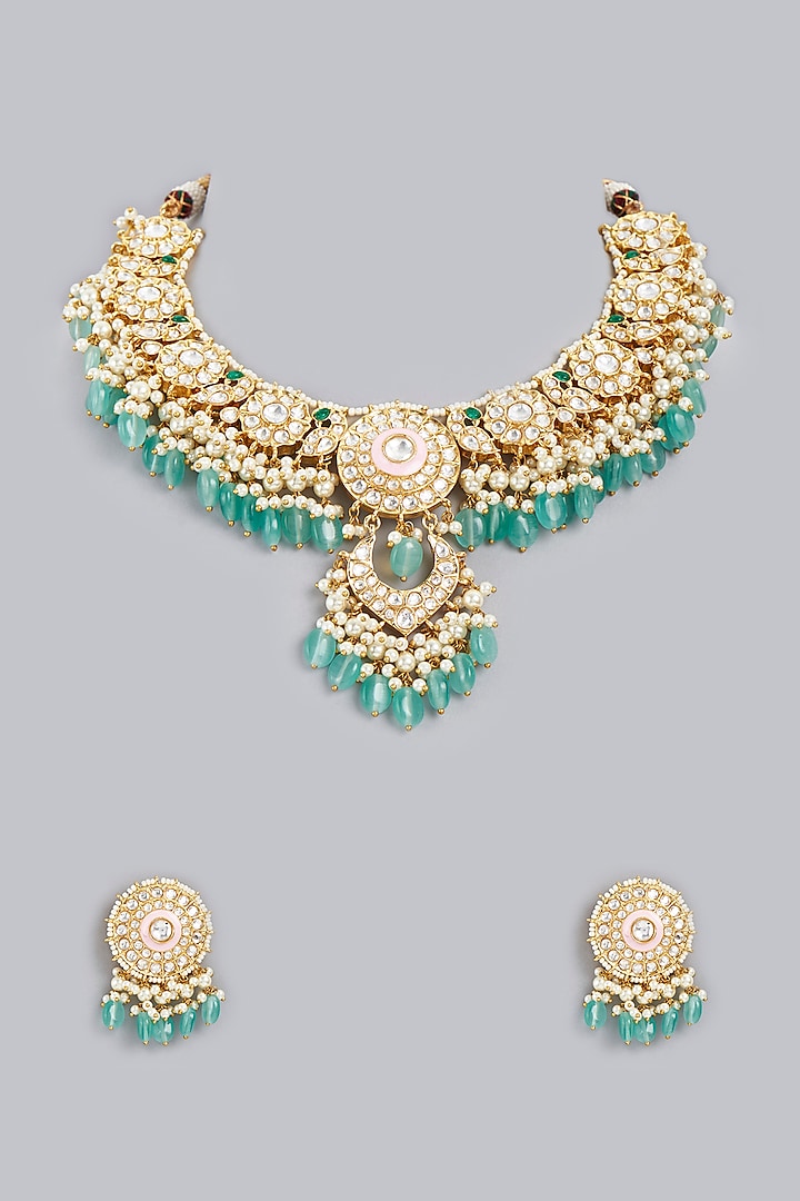 Gold Finish Kundan Polki & Green Beads Necklace Set by Rohita and Deepa