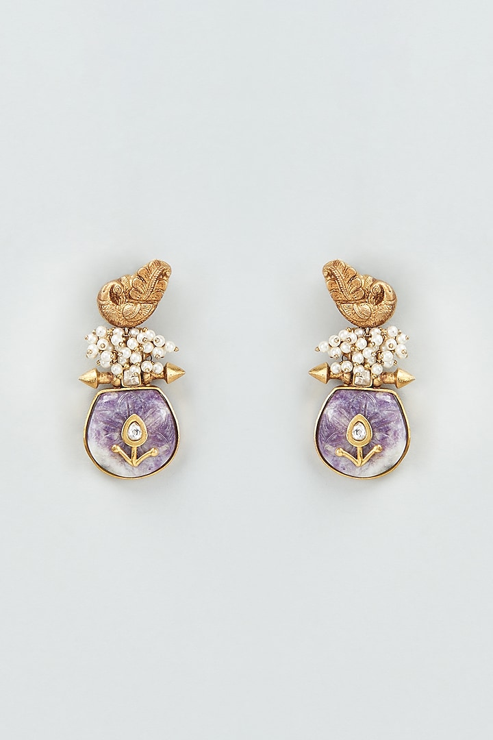 Gold Finish Purple Amethyst Drops & Beaded Dangler Earrings by Rohita And Deepa