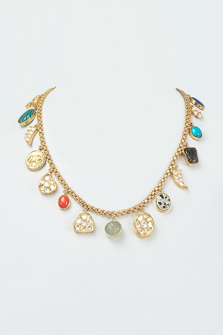 Gold Finish Kundan Polki & Navratna Stones Necklace by Rohita And Deepa at Pernia's Pop Up Shop