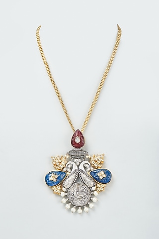 Two-Tone Finish Blue Lapis Stone & Kundan Polki Long Pendant Necklace by Rohita And Deepa