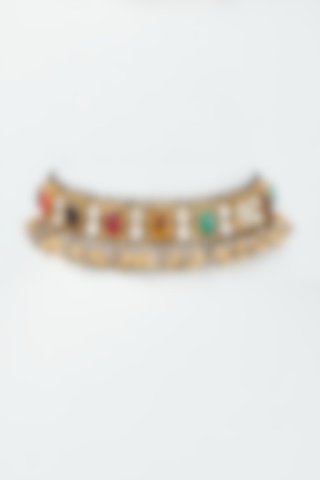 Gold Finish Navaratna Stone Choker Necklace by Rohita And Deepa at Pernia's Pop Up Shop