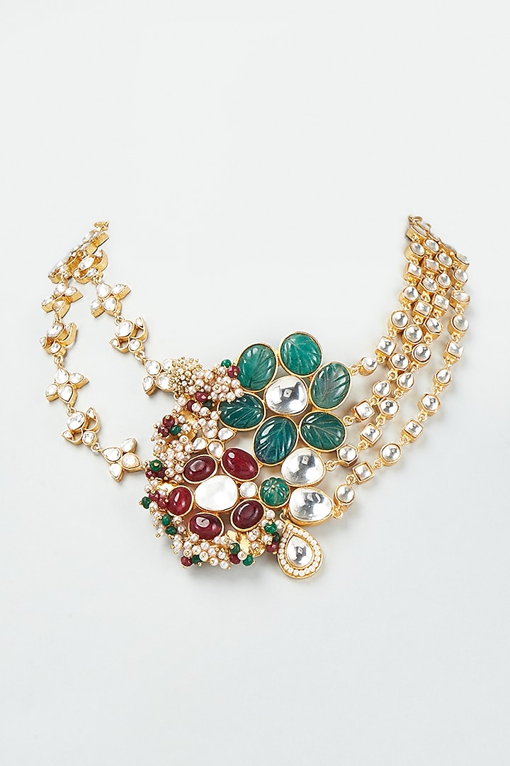 Gold Finish Green Onyx & Red Stone Necklace by Rohita And Deepa