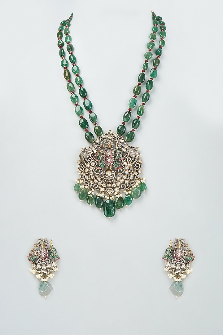Two-Tone Finish Kundan Polki & Green Onyx Shrinathji Necklace Set by Rohita And Deepa at Pernia's Pop Up Shop
