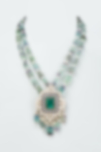 Black Rhodium Finish Green Kundan Polki Long Pendant Necklace by Rohita And Deepa at Pernia's Pop Up Shop