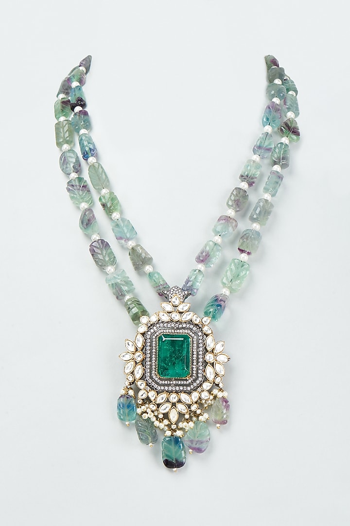 Black Rhodium Finish Green Kundan Polki Long Pendant Necklace by Rohita And Deepa at Pernia's Pop Up Shop