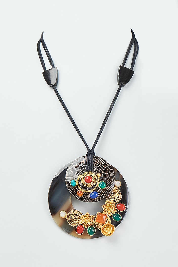 Gold Finish Navratna Stone And Gold Motifs Long Necklace Design By Rohita