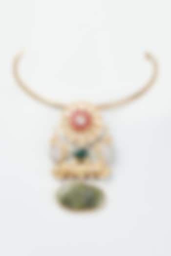 Gold Finish Green Stone & Kundan Polki Pendant Necklace by Rohita And Deepa at Pernia's Pop Up Shop