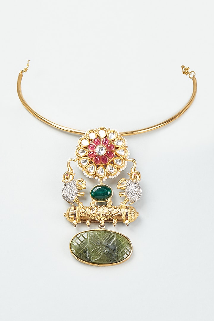 Gold Finish Green Stone & Kundan Polki Pendant Necklace by Rohita And Deepa at Pernia's Pop Up Shop