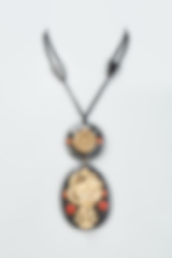 Gold Finish Gold Motifs & Coral Stones Long Necklace by Rohita And Deepa at Pernia's Pop Up Shop