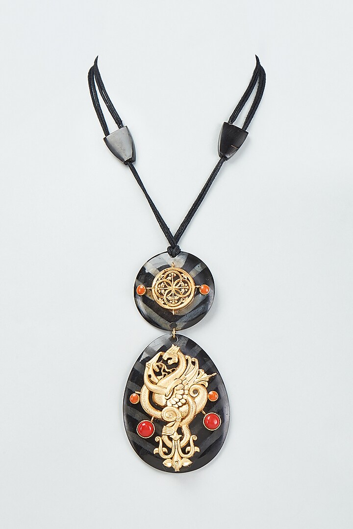 Gold Finish Gold Motifs & Coral Stones Long Necklace by Rohita And Deepa at Pernia's Pop Up Shop