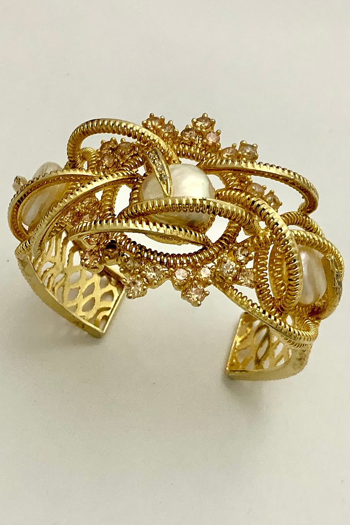 Gold Finish Baroque Pearl Cuff by Rohita And Deepa