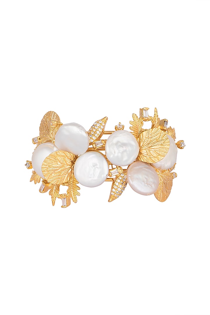 Gold Finish Baroque Pearl Cuff Bracelet by Rohita and Deepa