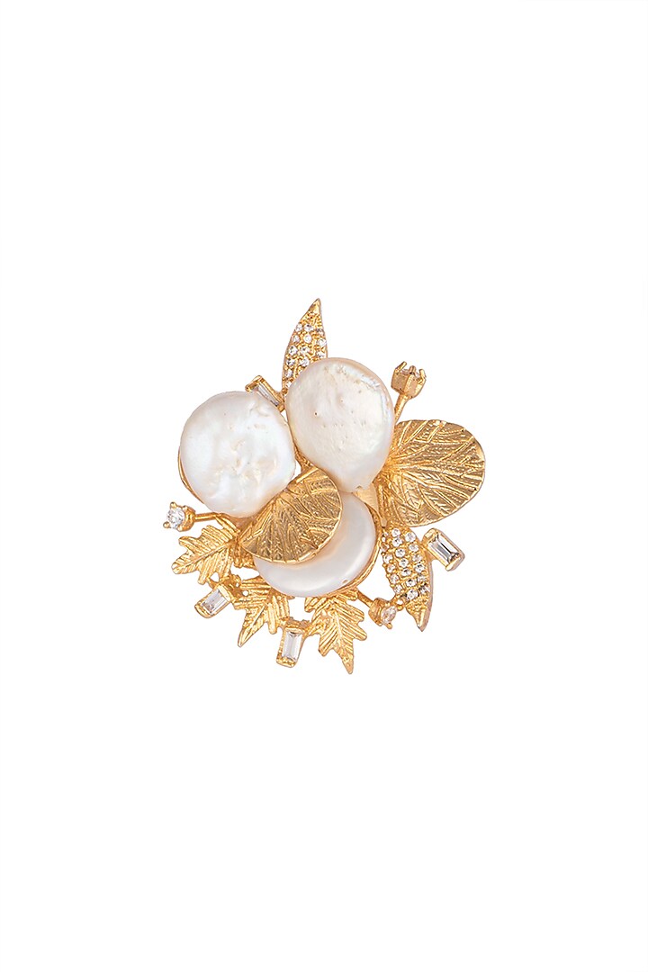 Gold Finish Baroque Pearl Adjustable Ring by Rohita and Deepa
