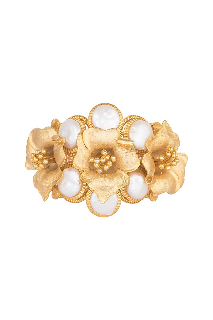 Gold Finish Baroque Pearl Floral Bracelet by Rohita and Deepa