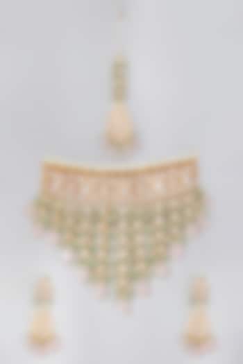Gold Finish Kundan Polki Choker Necklace Set by Rohita and Deepa