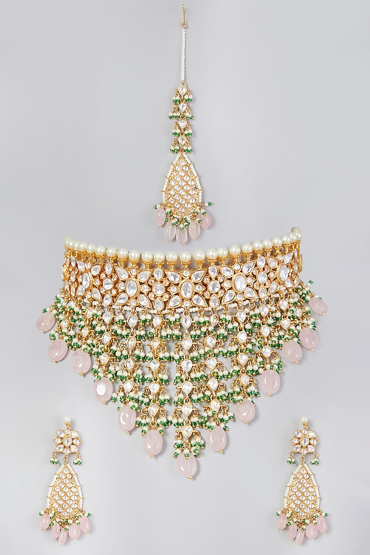 Gold Finish Kundan Polki Choker Necklace Set by Rohita and Deepa