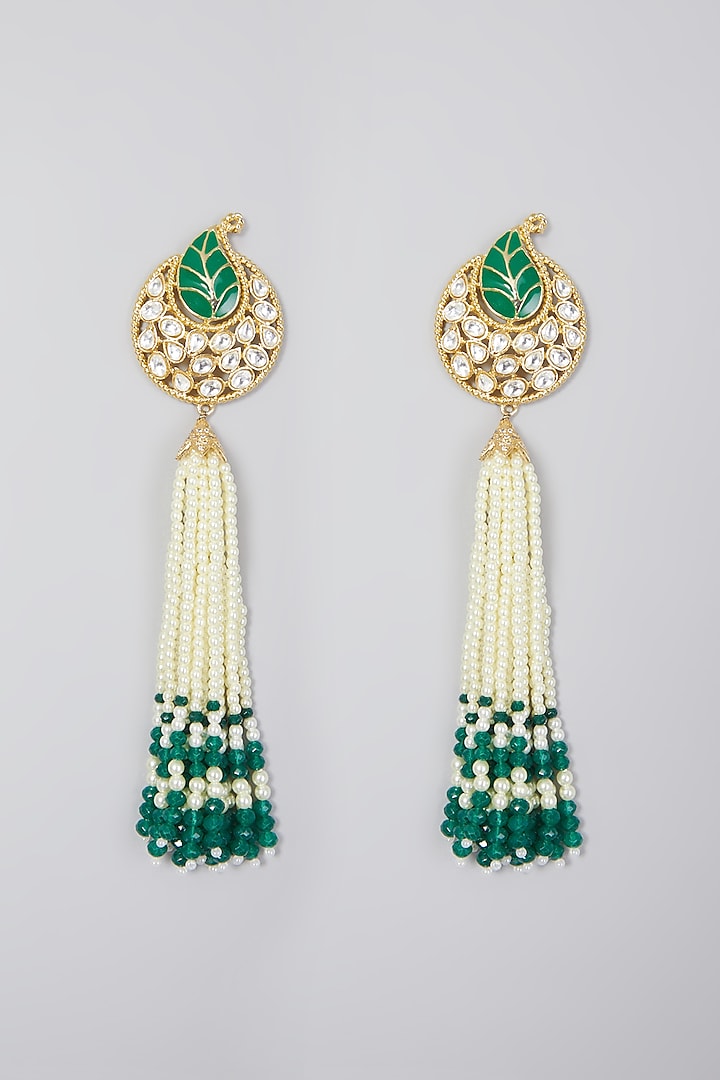 Gold Finish Pearl & Kundan Polki Earrings by Rohita and Deepa