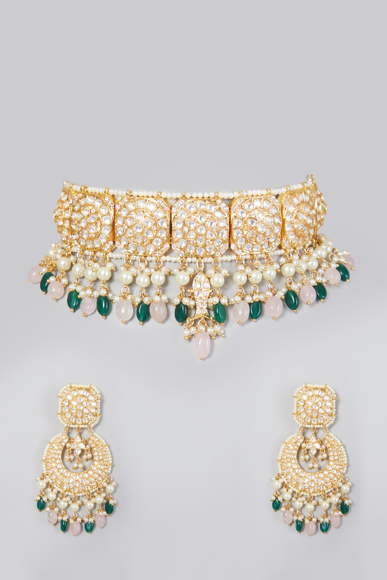 Gold Finish Green Stone Choker Necklace 
