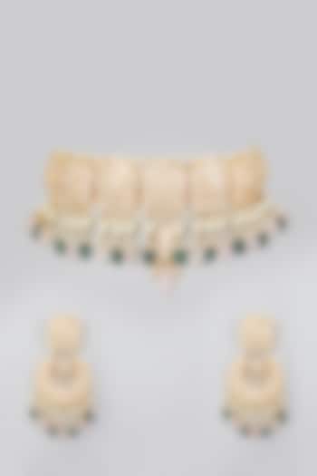 Gold Finish Green Stone Choker Necklace Set by Rohita and Deepa
