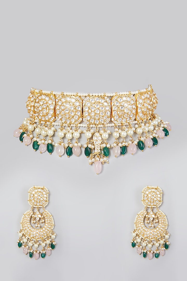 Gold Finish Green Stone Choker Necklace Set by Rohita and Deepa