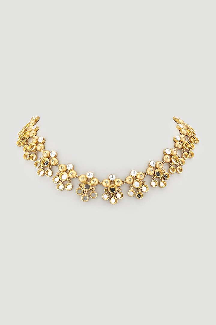 Gold Finish Synthetic Stone Necklace by Rohita And Deepa