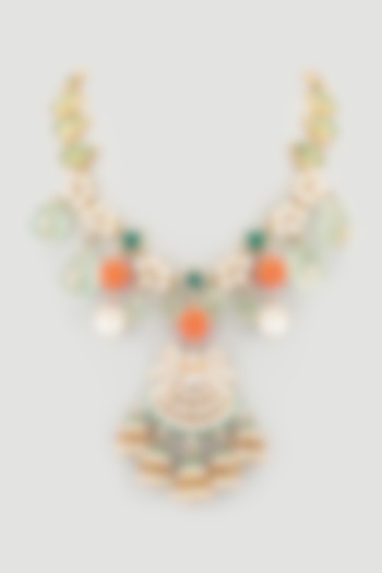 Gold Finish Coral Stone Necklace Set by Rohita And Deepa