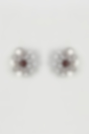 Antique Silver Finish Cubic Zirconia Floral Stud Earrings by Rohita And Deepa