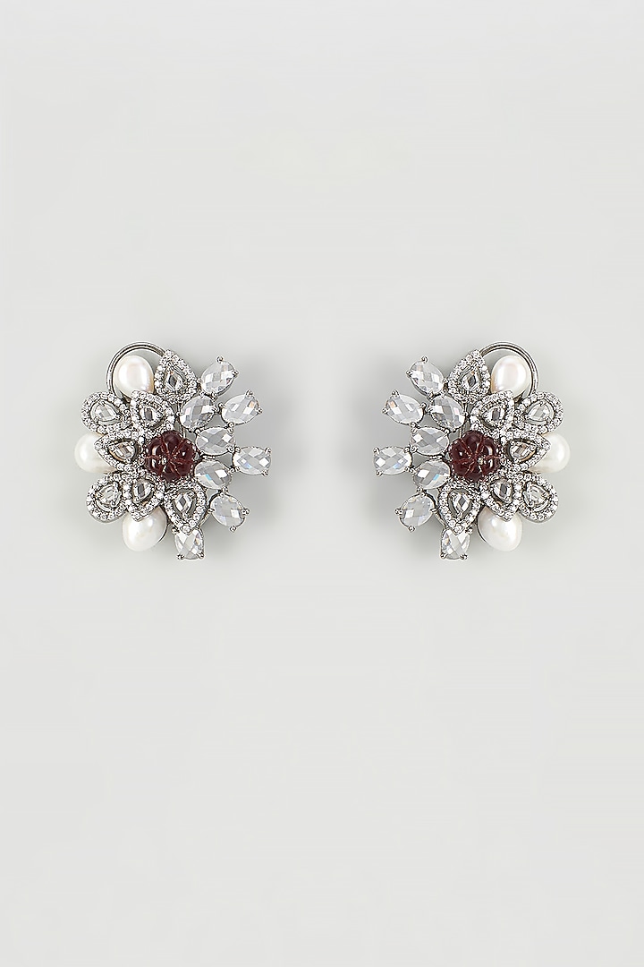 Antique Silver Finish Cubic Zirconia Floral Stud Earrings by Rohita And Deepa