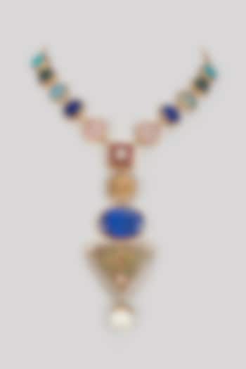 Gold Finish Lapis & Kundan Polki Pendant Necklace by Rohita and Deepa