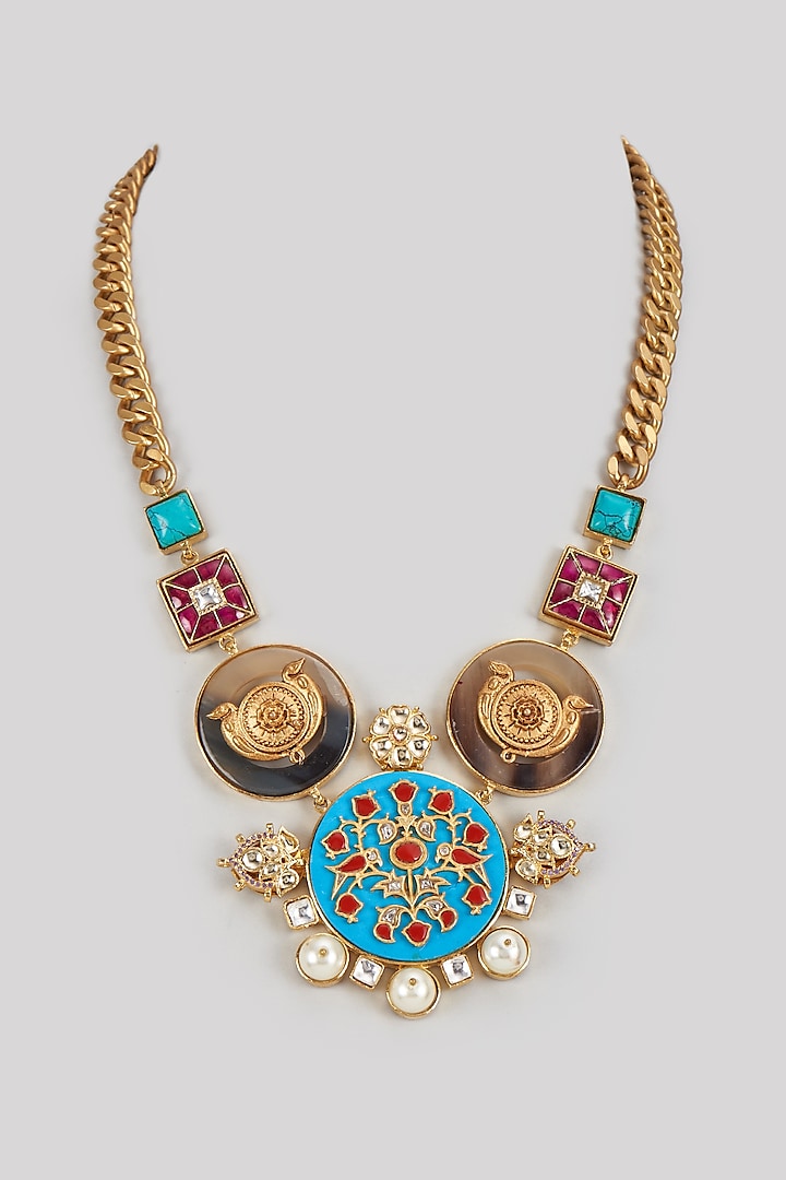 Gold Finish Turquoise Stone & Kundan Polki Long Necklace by Rohita and Deepa