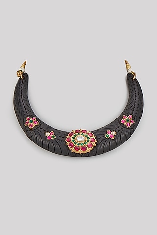 Gold Finish Kundan Polki Wooden Hasli Necklace by Rohita and Deepa
