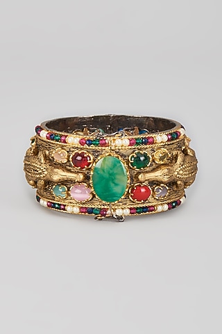 Gold Finish Navratna Stone & Kundan Polki Bangle by Rohita and Deepa