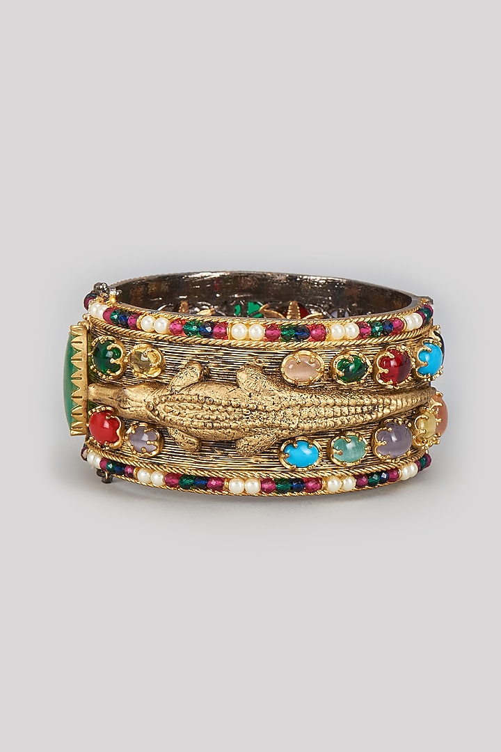 Gold Finish Navratna Stone & Kundan Polki Bangle by Rohita and Deepa at Pernia's Pop Up Shop