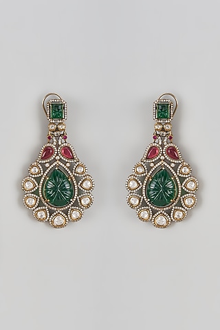 Black Rhodium Finish Kundan Polki & Green Onyx Dangler Earrings by Rohita and Deepa