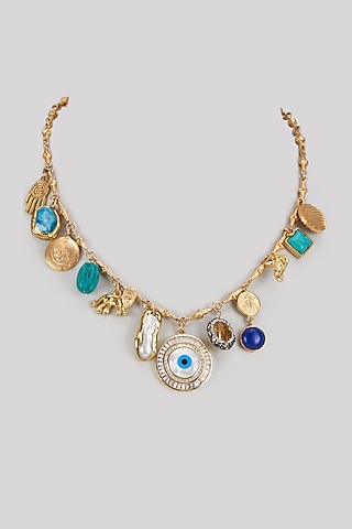 Gold Finish Multi-Colored Stone Charm Necklace by Rohita and Deepa