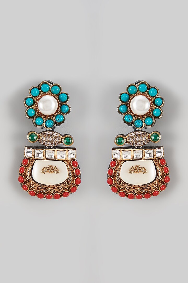 Gold Finish Kundan Polki & Stone Dangler Earrings by Rohita and Deepa