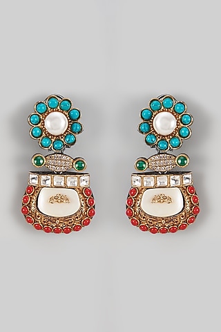 Gold Finish Kundan Polki & Stone Dangler Earrings by Rohita and Deepa