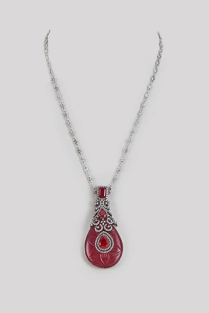 Black Rhodium Finish Carved Ruby & Cubic Zirconia Necklace by Rohita and Deepa