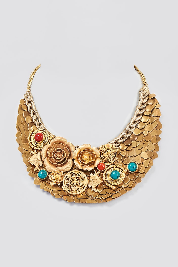 Gold Finish Turquoise Stone Necklace Design by Rohita and Deepa at